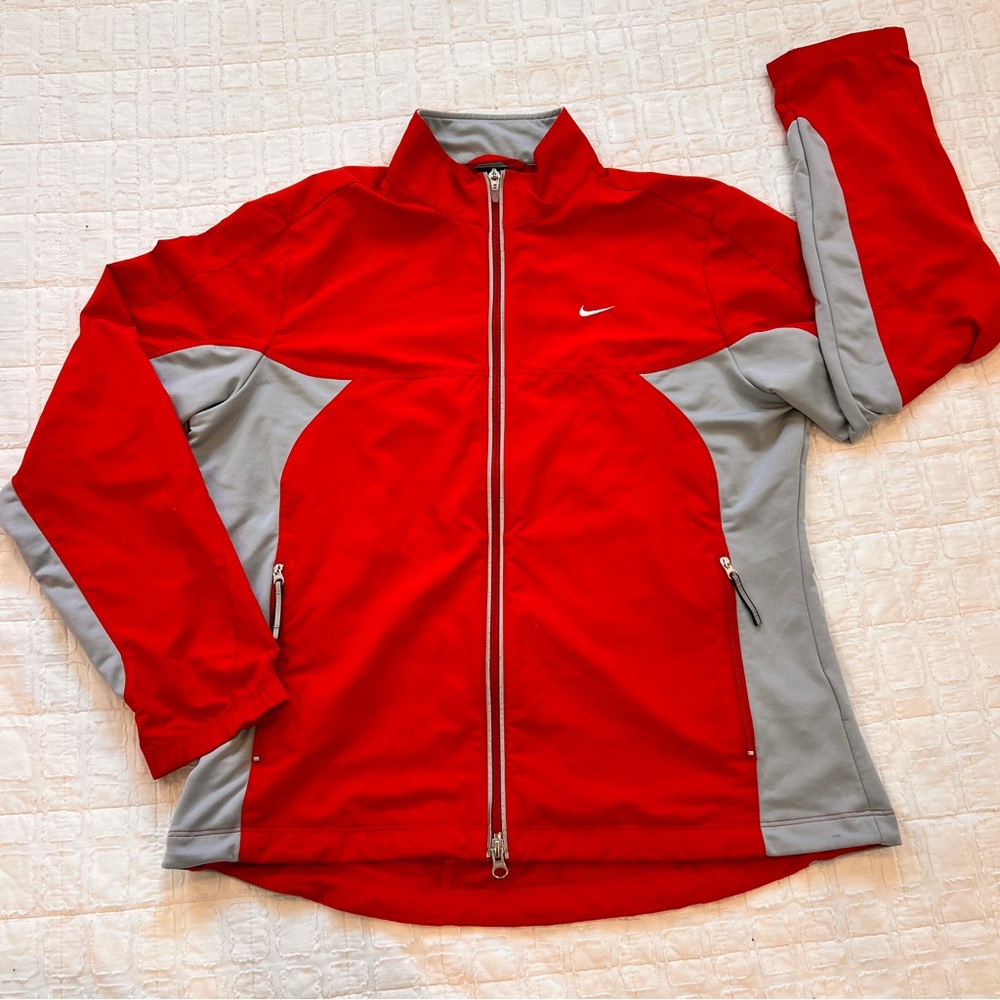 Nike Red and Light Gray Dri-FIT Athletic Colorblock Windbreaker Jacket EUC